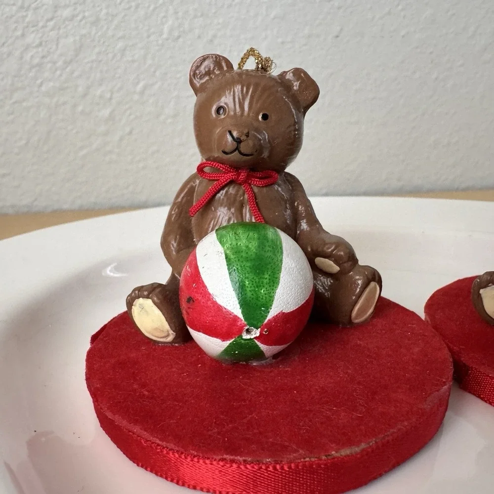 Vtg 80s Christmas Teddy Bear Ornaments w/ Ball Candle Lot 3‎ Kitsch Taiwan Red
